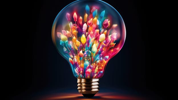 Bulb-shaped lamp bursts into life with a cascade of vivid colors ultra realistic illustration - Generative AI. Lamp, lightbulb, different, colors, orange.