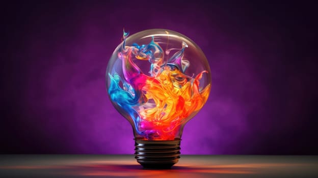 Bulb-shaped lamp bursts into life with a cascade of vivid colors ultra realistic illustration - Generative AI. Lamp, lightbulb, different, colors, orange.