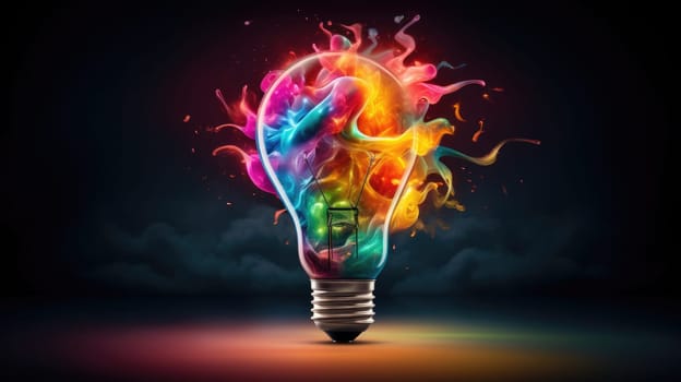 Bulb-shaped lamp bursts into life with a cascade of vivid colors ultra realistic illustration - Generative AI. Lamp, lightbulb, different, colors, orange.