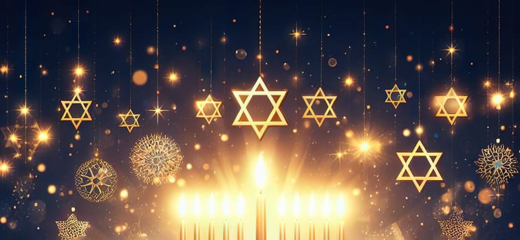 Concept banner for Jewish holiday Hanukkah, space for text on background with bokeh