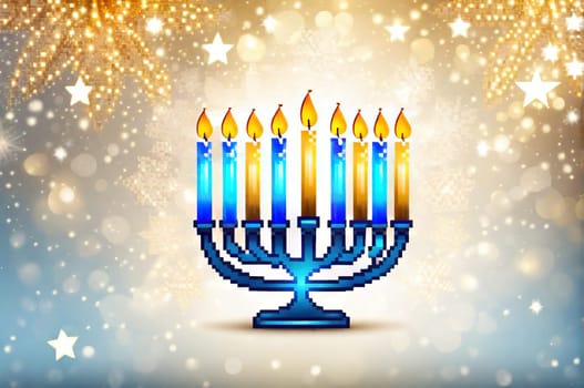 Hanukkah abstract defocused background - menorah with bright dust on wooden table, beautiful religious card