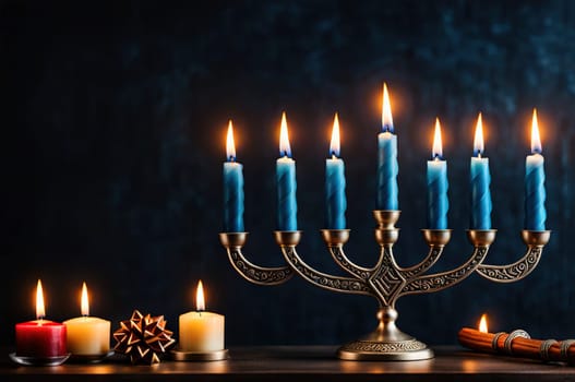 Bronze Hanukkah menorah with burning candles on table. Holiday greeting card concept.