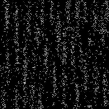 Falling numbers, big data concept. Binary white chaotic flying digits. Comely futuristic banner on black background. Digital illustration with falling numbers.
