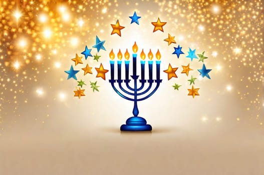 Hanukkah abstract defocused background - menorah with bright dust on wooden table, beautiful religious card