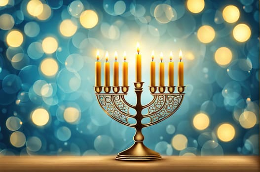 Hanukkah menorah with candles on table against blurry light, religious Jewish holiday