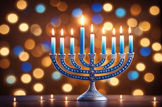 Hanukkah menorah with candles on table against blurry light, religious Jewish holiday