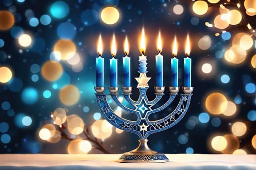 Hanukkah menorah with candles on table against blurry light, religious Jewish holiday