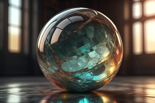 Transparent crystal ball on a wooden table. ai generative