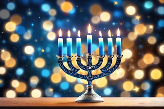 Happy Hanukkah, golden menorah. Jewish holiday Hanukkah, greeting card with traditional candles symbols of Hanukkah. On a colored background