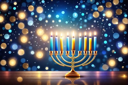 Hanukkah abstract defocused background - menorah with bright dust on wooden table, beautiful religious card