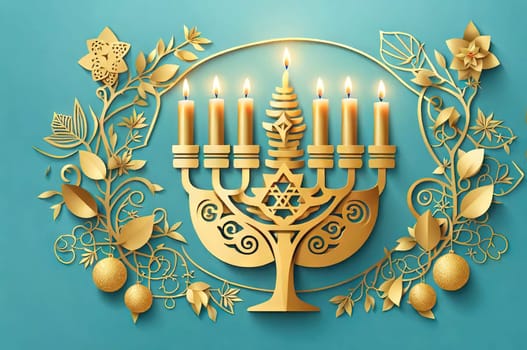 Happy Hanukkah, golden menorah. Jewish holiday Hanukkah, greeting card with traditional candles symbols of Hanukkah. On a colored background