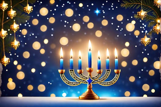 Happy Hanukkah card with beautiful and creative symbols on colorful holiday background for Jewish holiday Hanukkah