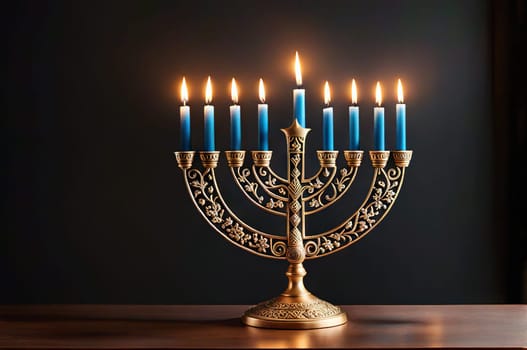 Bronze Hanukkah menorah with burning candles on table. Holiday greeting card concept.