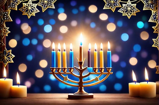 Bronze Hanukkah menorah with burning candles on table. Holiday greeting card concept.