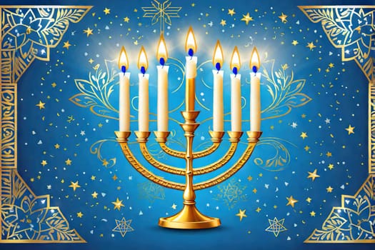 Happy Hanukkah, golden menorah. Jewish holiday Hanukkah, greeting card with traditional candles symbols of Hanukkah. On a colored background