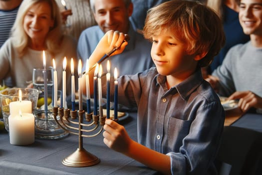 Little boy lights Hanukkah candles with his family. Celebrating religious Jewish holiday.