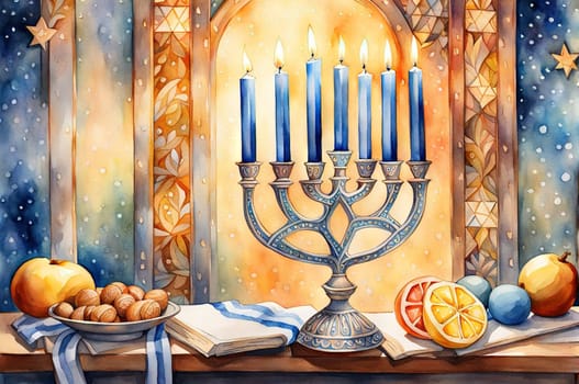 Concept jewish religious holiday hanukkah with glittering raditional chandelier menorah, spinning top toys dreidel, a doughnut and chocolate coins