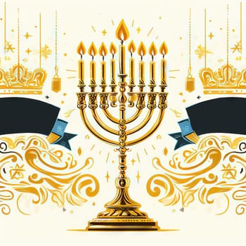 Bronze Hanukkah menorah with burning candles on table. Holiday greeting card concept.