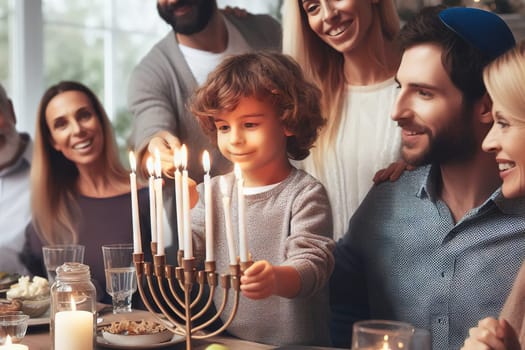 Little boy lights Hanukkah candles with his family. Celebrating religious Jewish holiday.