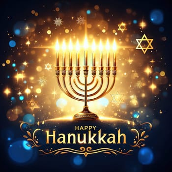 Image jewish holiday Hanukkah with menorah traditional candelabra and candles on a dark background with bright bokeh