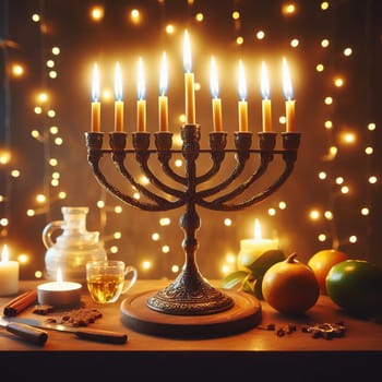 Hanukkah abstract defocused background - menorah with bright dust on wooden table, beautiful religious card