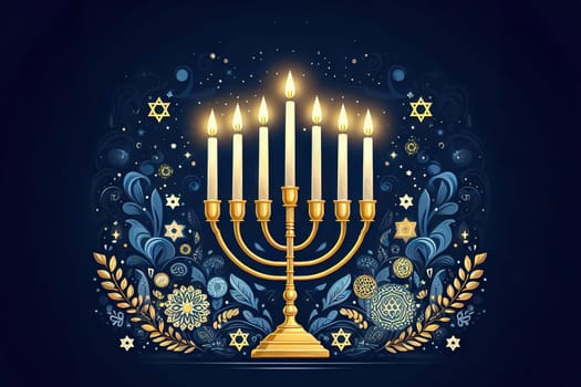 Happy Hanukkah, golden menorah. Jewish holiday Hanukkah, greeting card with traditional candles symbols of Hanukkah. On a colored background