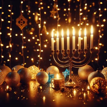 Hanukkah abstract defocused background - menorah with bright dust on wooden table, beautiful religious card