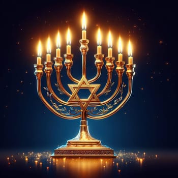 Image jewish holiday Hanukkah with menorah traditional candelabra and candles on a dark background with bright bokeh