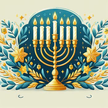 Bronze Hanukkah menorah with burning candles on table. Holiday greeting card concept.