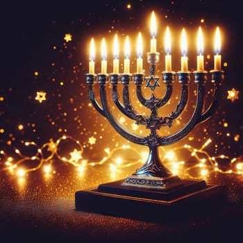 Image jewish holiday Hanukkah with menorah traditional candelabra and candles on a dark background with bright bokeh