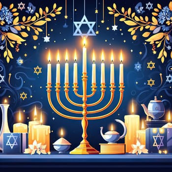 Concept jewish religious holiday hanukkah with glittering raditional chandelier menorah, spinning top toys dreidel, a doughnut and chocolate coins