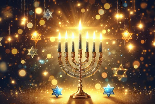 Hanukkah abstract defocused background - menorah with bright dust on wooden table, beautiful religious card