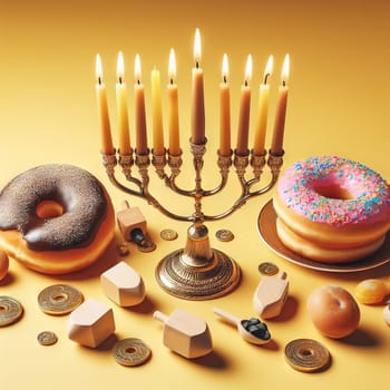 Concept jewish religious holiday hanukkah with glittering raditional chandelier menorah, spinning top toys dreidel, a doughnut and chocolate coins