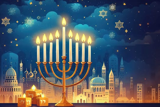 Hanukkah candles. Traditional candelabra with burning candles on dark background. Celebrating a religious Jewish holiday. Star of david and sparkles