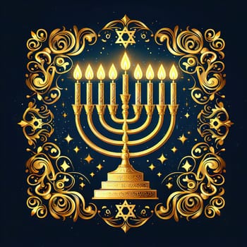 Hanukkah candles. Traditional candelabra with burning candles on dark background. Celebrating a religious Jewish holiday. Star of david and sparkles