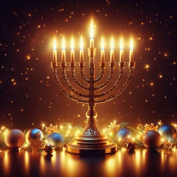 Hanukkah menorah with candles on table against blurry light, religious Jewish holiday