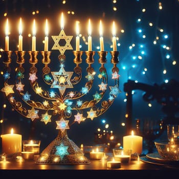 Image jewish holiday Hanukkah with menorah traditional candelabra and candles on a dark background with bright bokeh