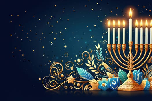 Concept banner for Jewish holiday Hanukkah, space for text on background with bokeh