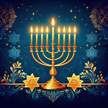 Happy Hanukkah, golden menorah. Jewish holiday Hanukkah, greeting card with traditional candles symbols of Hanukkah. On a colored background