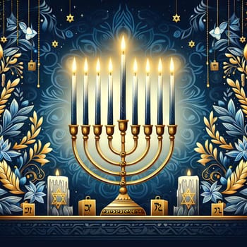 Happy Hanukkah, golden menorah. Jewish holiday Hanukkah, greeting card with traditional candles symbols of Hanukkah. On a colored background