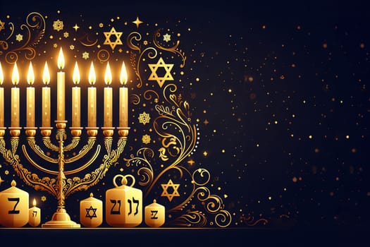 Concept jewish religious holiday hanukkah with glittering raditional chandelier menorah, spinning top toys dreidel, a doughnut and chocolate coins