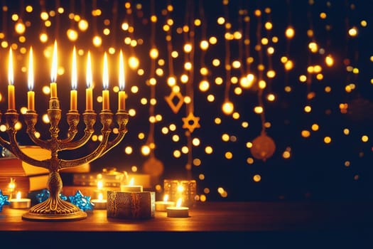 Image jewish holiday Hanukkah with menorah traditional candelabra and candles on a dark background with bright bokeh