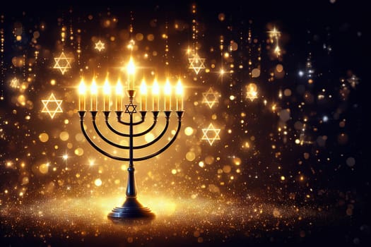 Hanukkah abstract defocused background - menorah with bright dust on wooden table, beautiful religious card