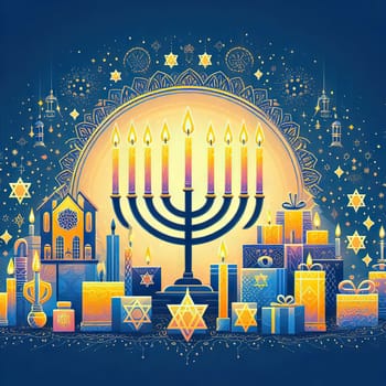 Happy Hanukkah, golden menorah. Jewish holiday Hanukkah, greeting card with traditional candles symbols of Hanukkah. On a colored background