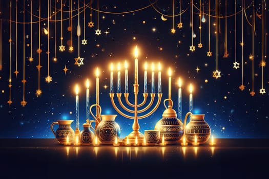 Image jewish holiday Hanukkah with menorah traditional candelabra and candles on a dark background with bright bokeh