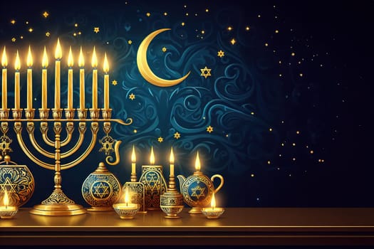 Concept banner for Jewish holiday Hanukkah, space for text on background with bokeh