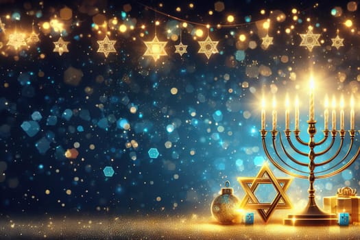 Image jewish holiday Hanukkah with menorah traditional candelabra and candles on a dark background with bright bokeh