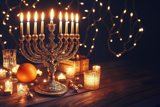 Image jewish holiday Hanukkah with menorah traditional candelabra and candles on a dark background with bright bokeh