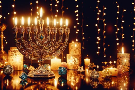 Hanukkah menorah with candles on table against blurry light, religious Jewish holiday