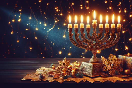 Concept banner for Jewish holiday Hanukkah, space for text on background with bokeh